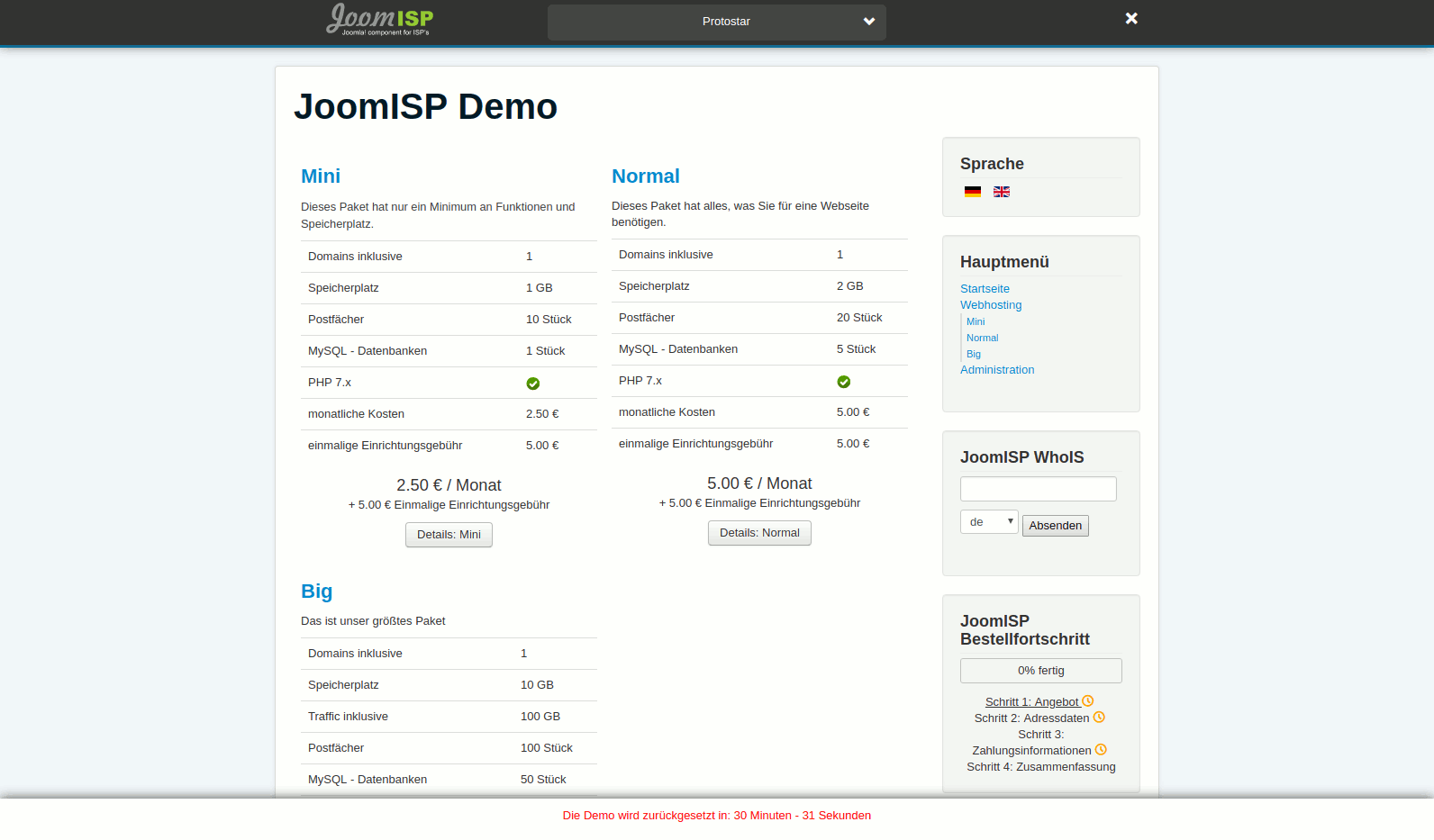 JoomISP Seitenansicht Hosting Pakete